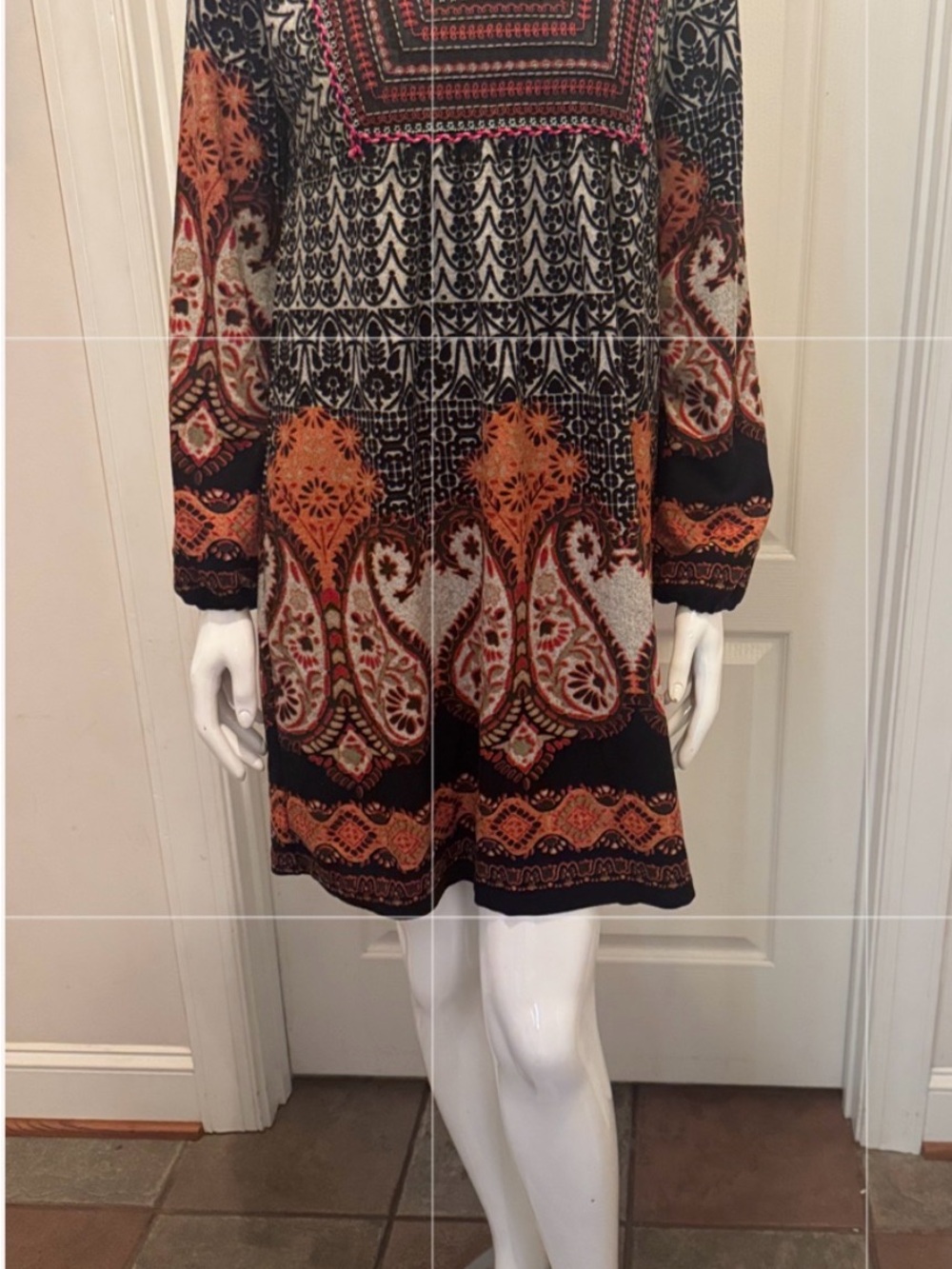 Angie Black & Orange Paisley Long-Sleeve Boho Dress